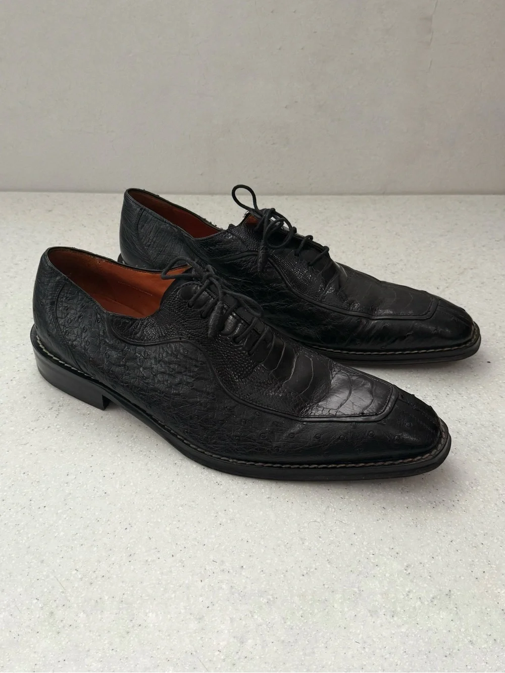 Mezlan Platinum Men’s Black Ostrich Leather Lace-up Wingtip Oxfords Spain 10.5